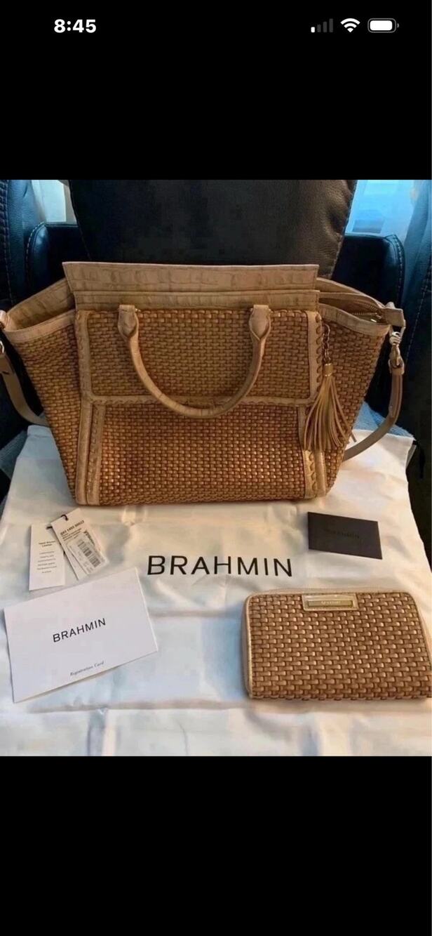 Large Brahmin Natural Dandridge Taylor Satchel & Matching Zip Wallet Set
